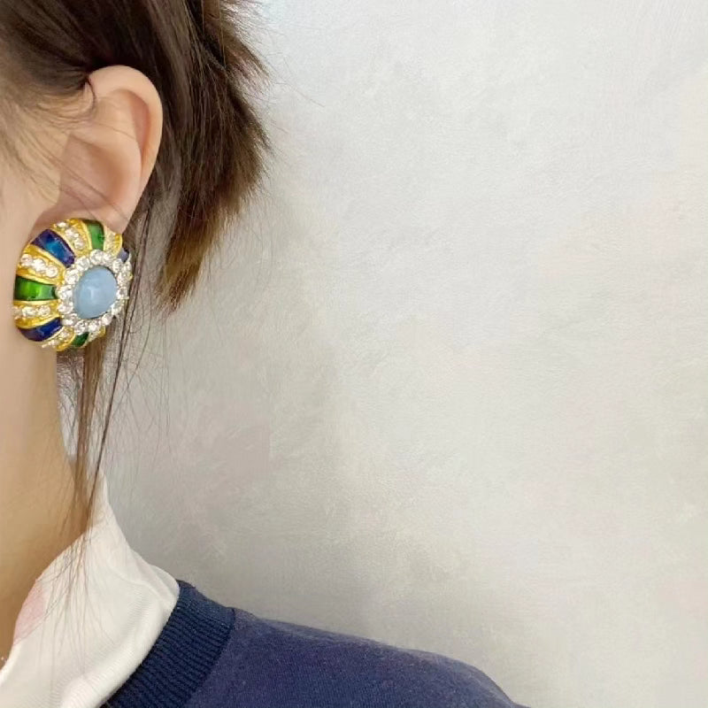 Plating gold blue green enamel round clip earring great gift for mother