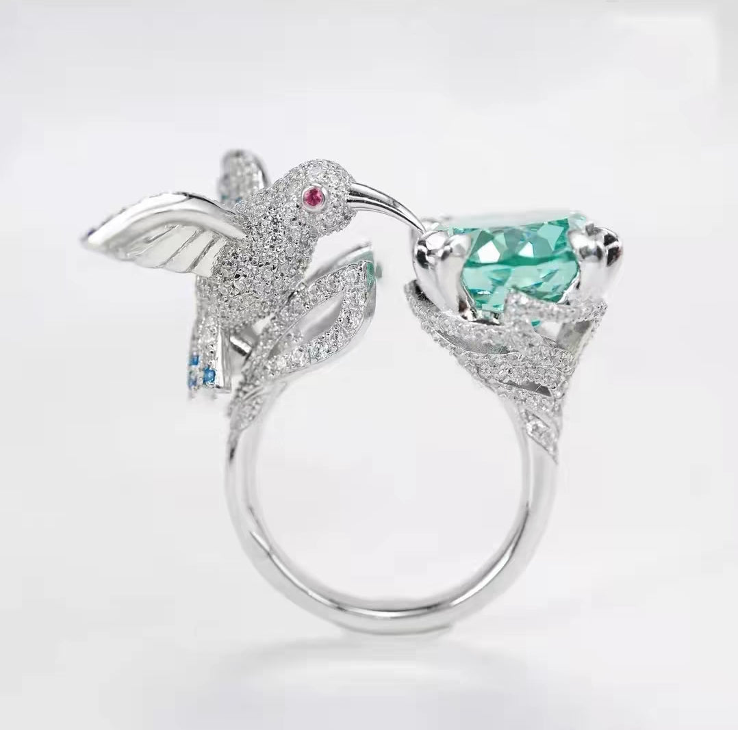 Large simulate emerald peace dove pigeon full rhinestones setting ring