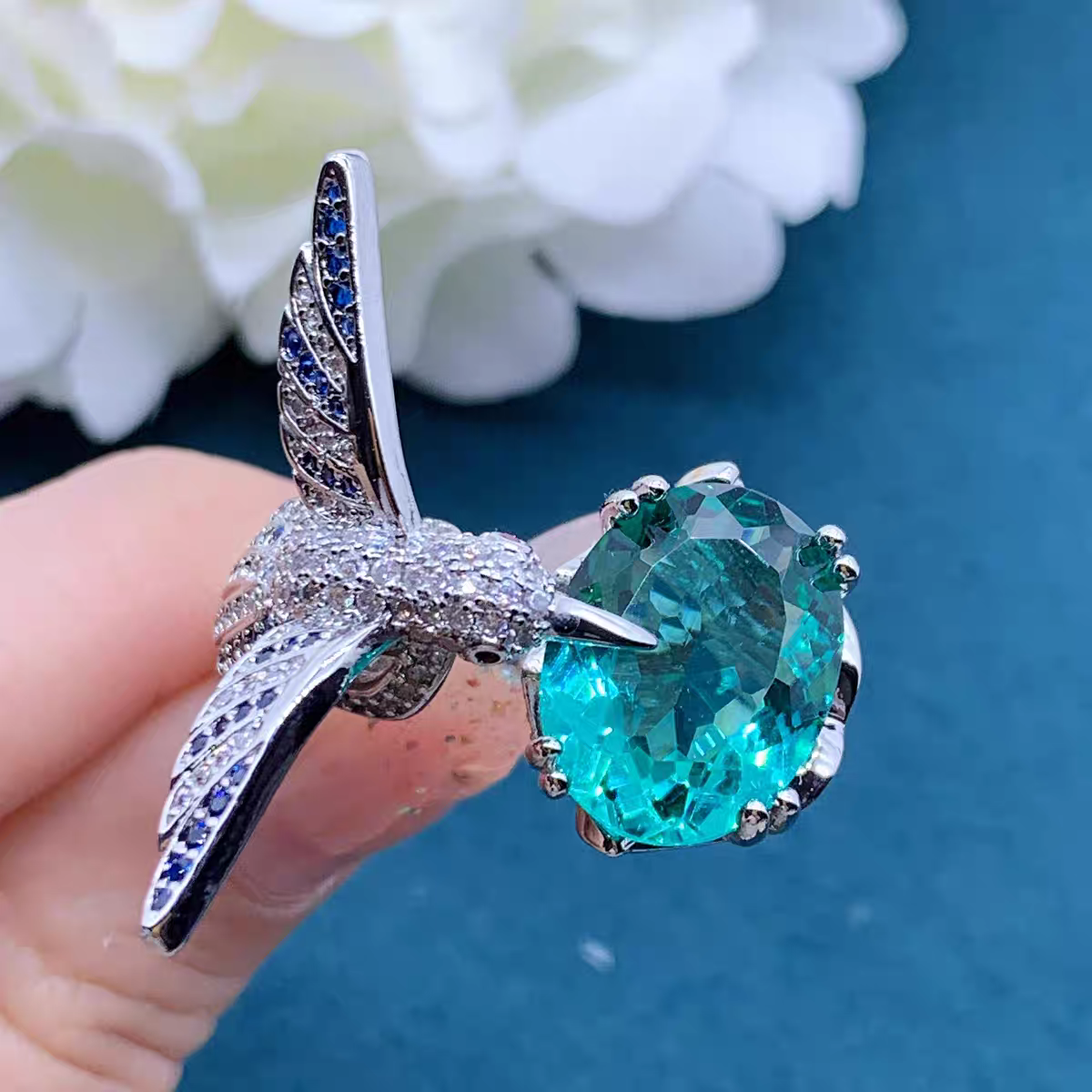 Large simulate emerald peace dove pigeon full rhinestones setting ring