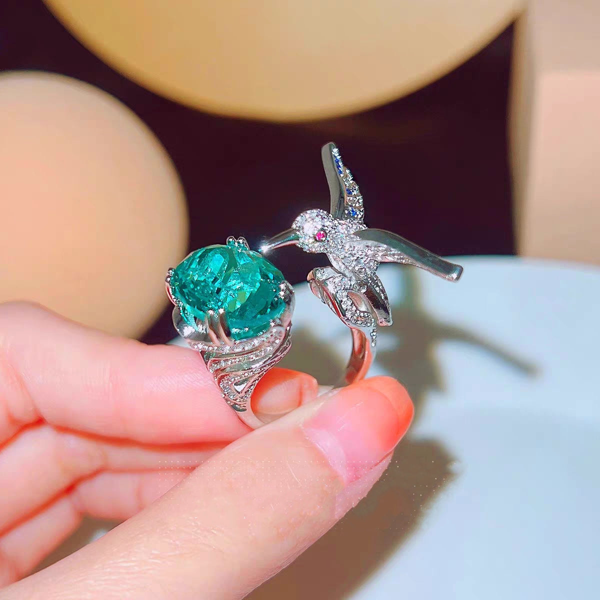 Large simulate emerald peace dove pigeon full rhinestones setting ring