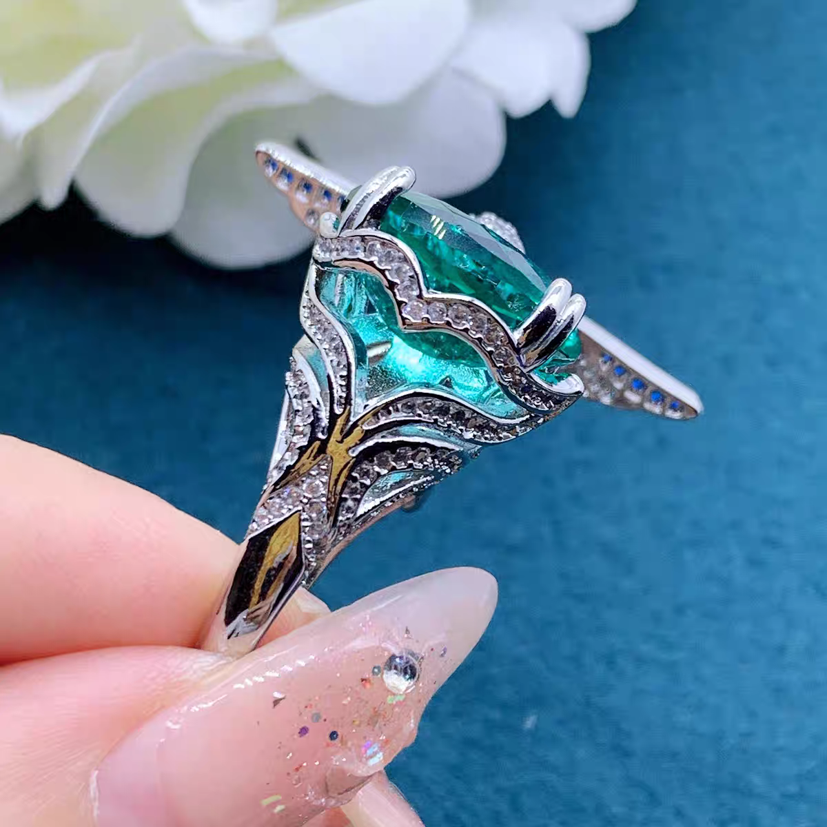 Large simulate emerald peace dove pigeon full rhinestones setting ring