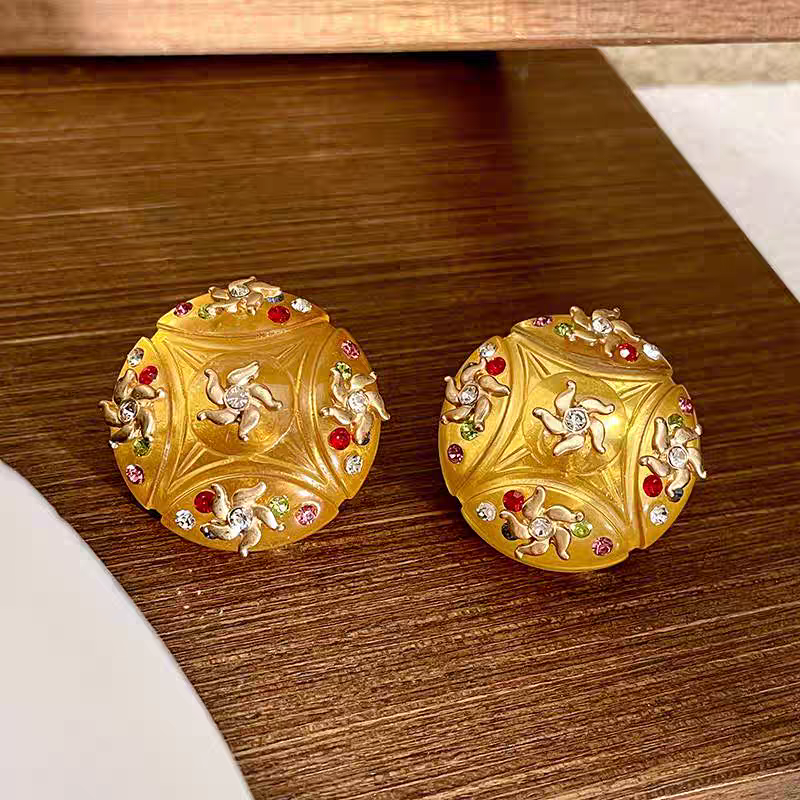 Crystal clear very rare yellow round earring clip with colored rhinestones