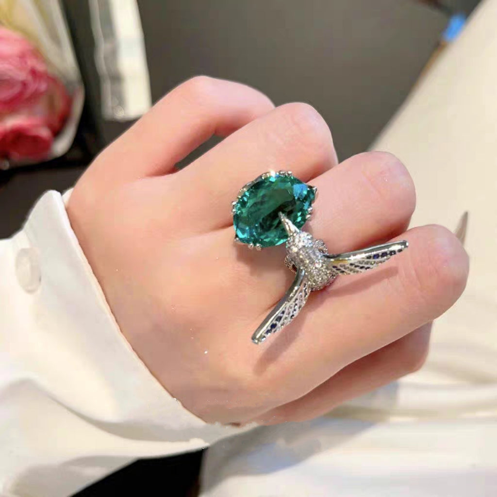 Large simulate emerald peace dove pigeon full rhinestones setting ring