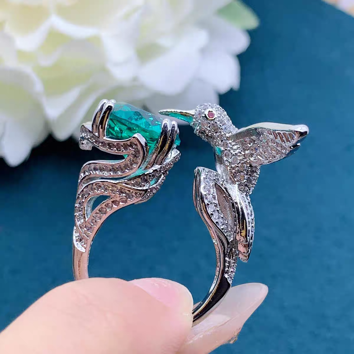 Large simulate emerald peace dove pigeon full rhinestones setting ring