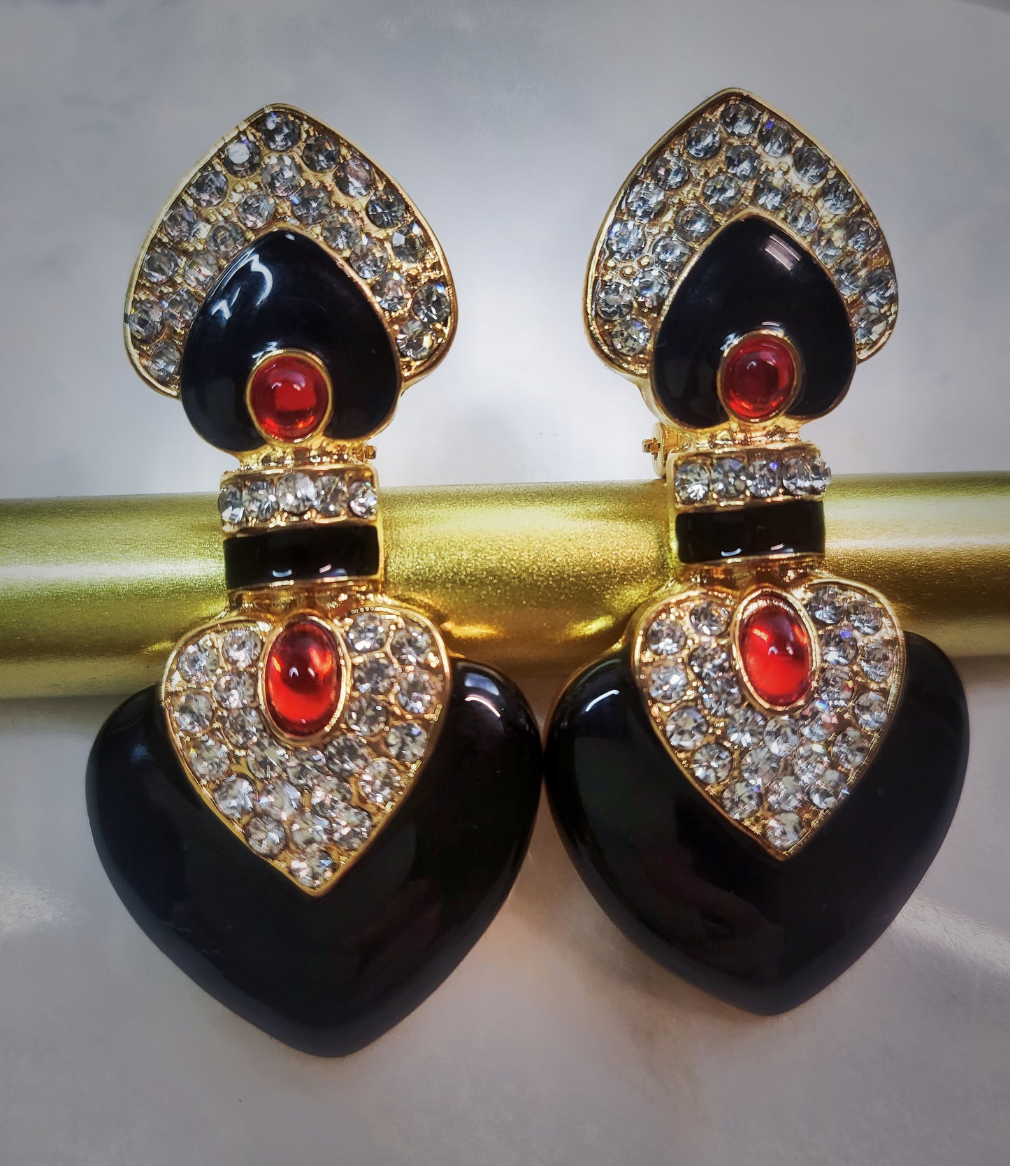 Black enamel with red colored glaze ethnic style clip earrings