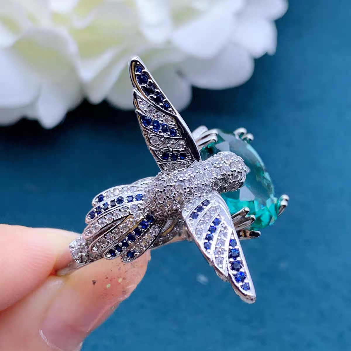 Large simulate emerald peace dove pigeon full rhinestones setting ring