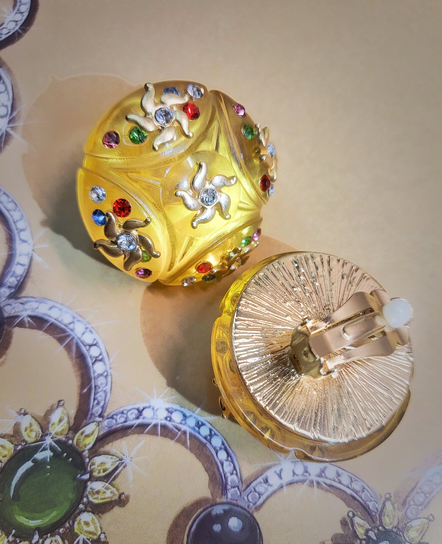 Crystal clear very rare yellow round earring clip with colored rhinestones