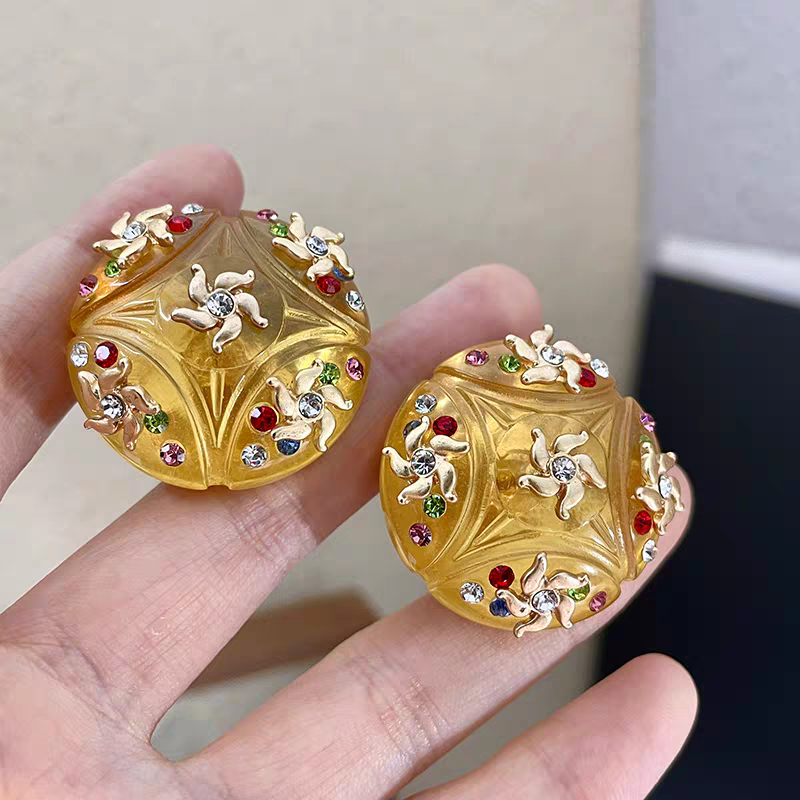 Crystal clear very rare yellow round earring clip with colored rhinestones