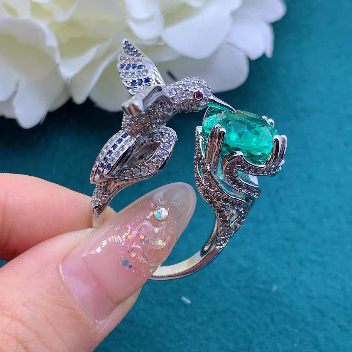 Large simulate emerald peace dove pigeon full rhinestones setting ring