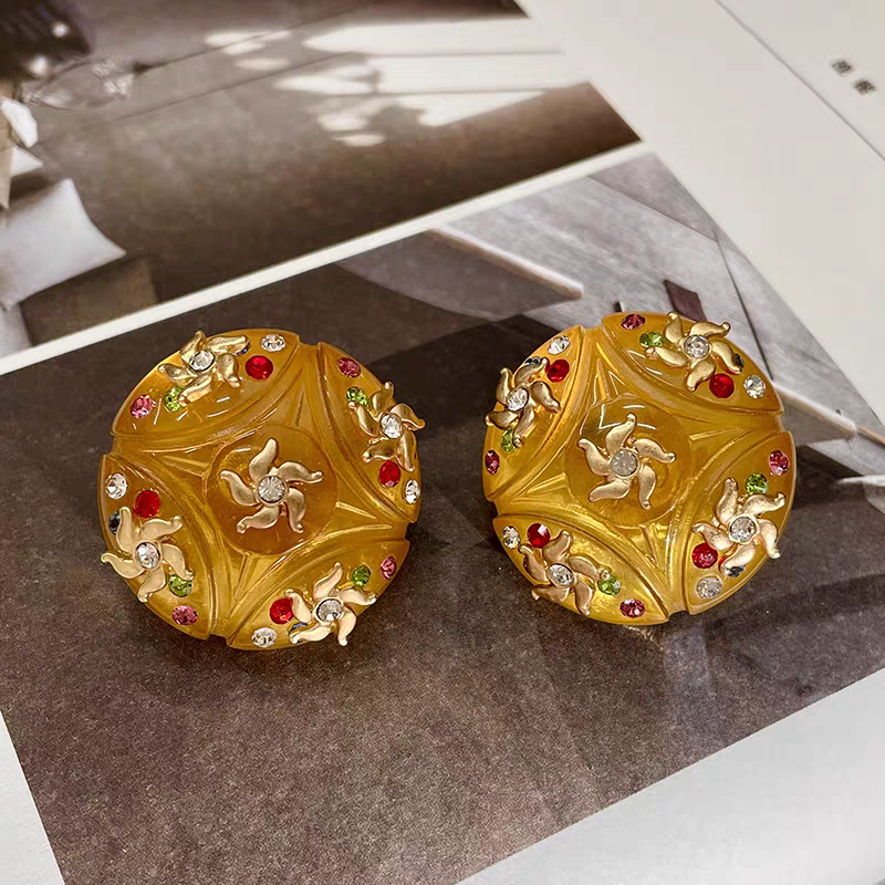 Crystal clear very rare yellow round earring clip with colored rhinestones
