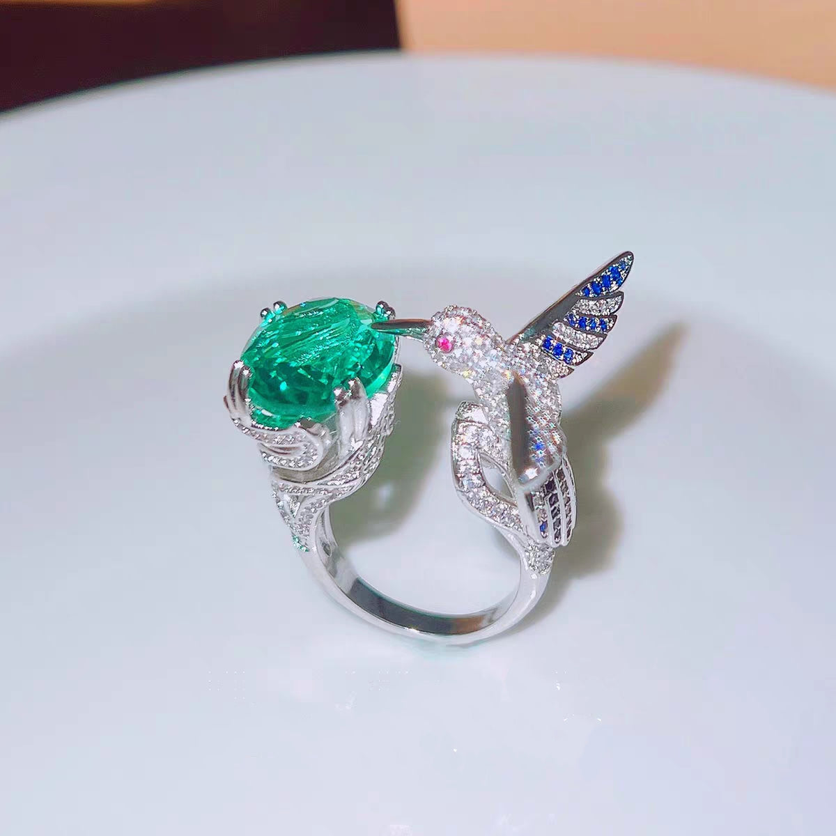 Large simulate emerald peace dove pigeon full rhinestones setting ring