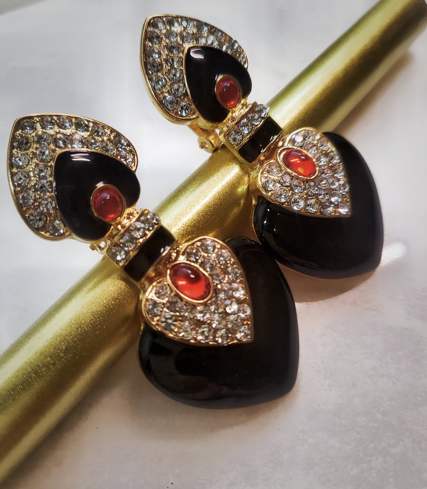 Black enamel with red colored glaze ethnic style clip earrings