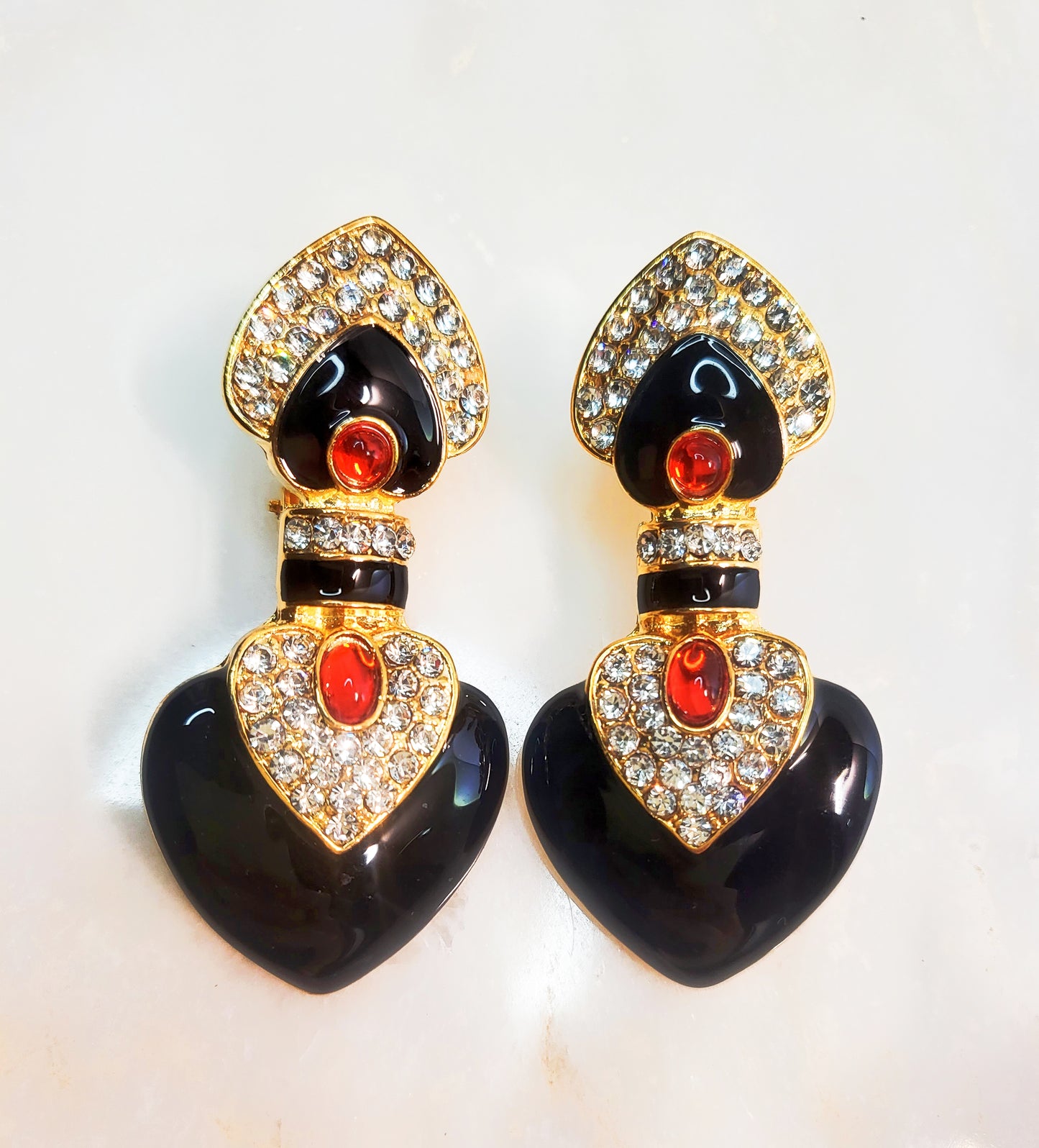 Black enamel with red colored glaze ethnic style clip earrings