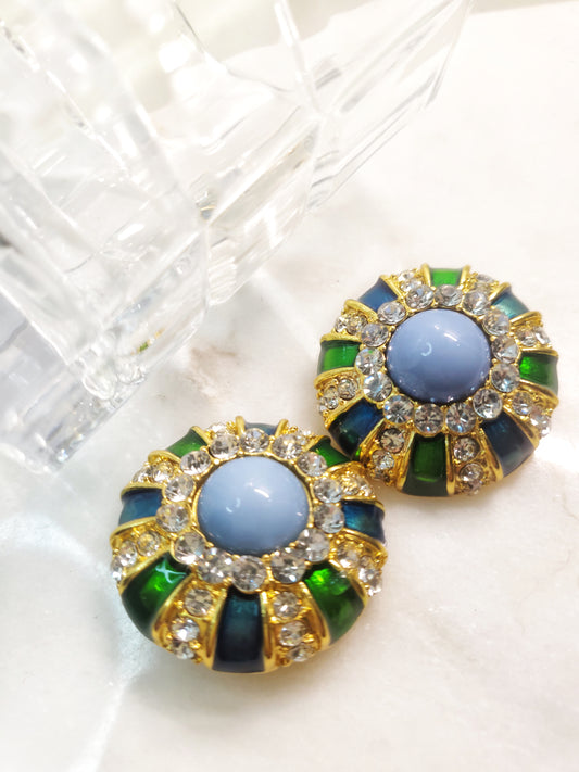 Plating gold blue green enamel round clip earring great gift for mother