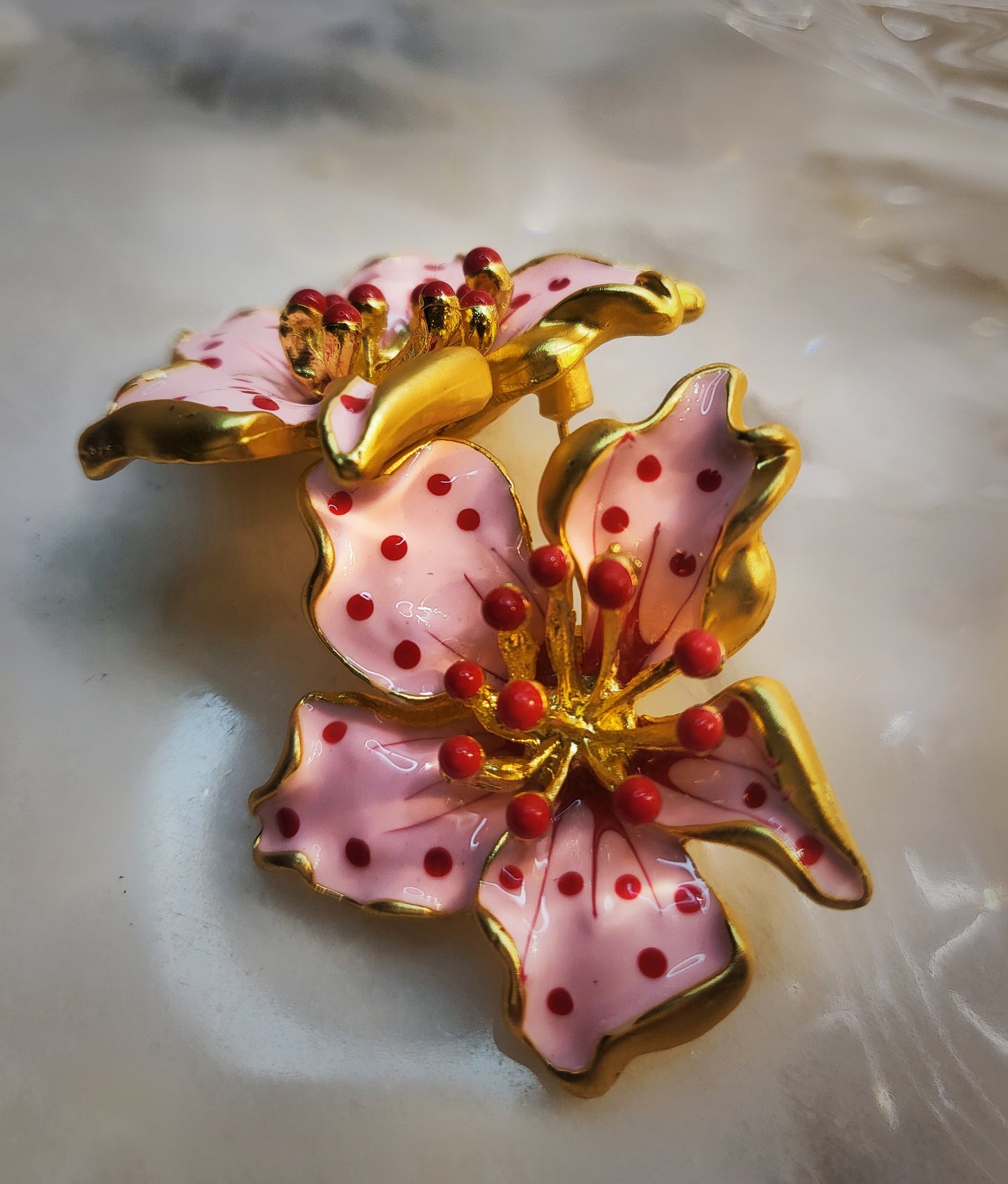 Pink flower plated gold hand painted 3D earrings perfect for summer