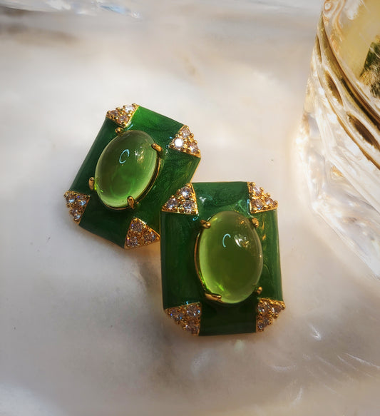 Crystal clear green cat eyes square elegant earrings gifts for mom