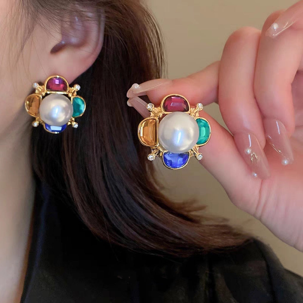 Colorful gem with pearl royal style earrings