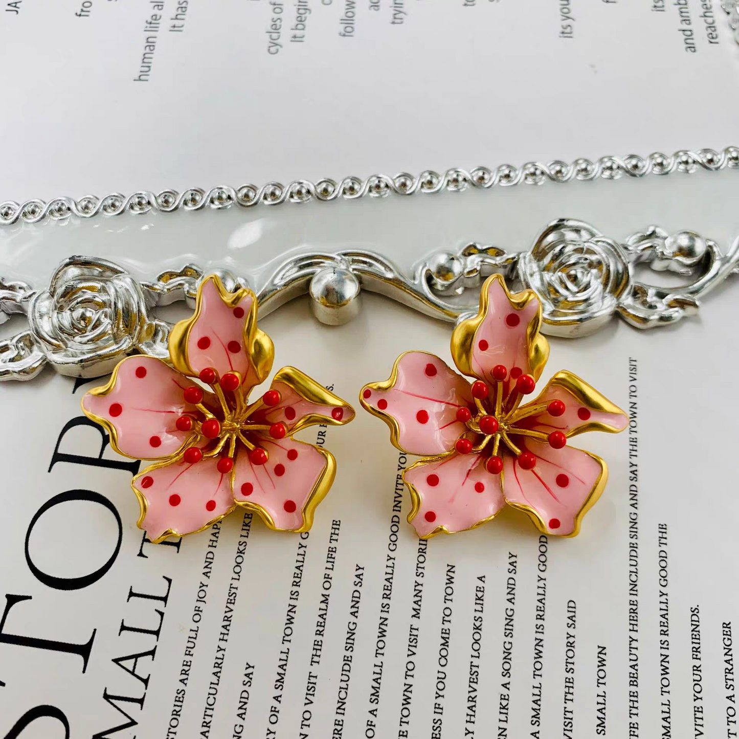 Pink flower plated gold hand painted 3D earrings perfect for summer