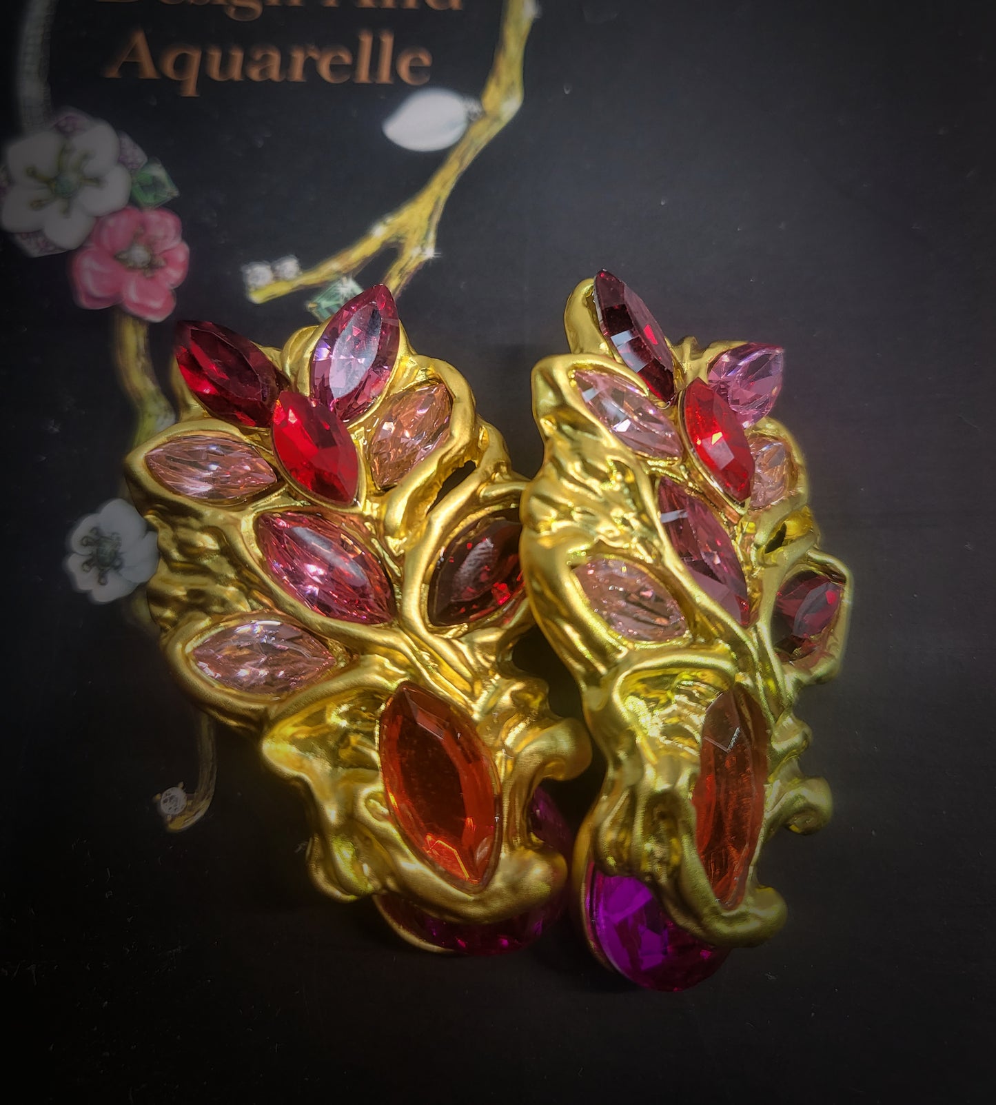 Red pink stone perfect match in gold vintage style earrings