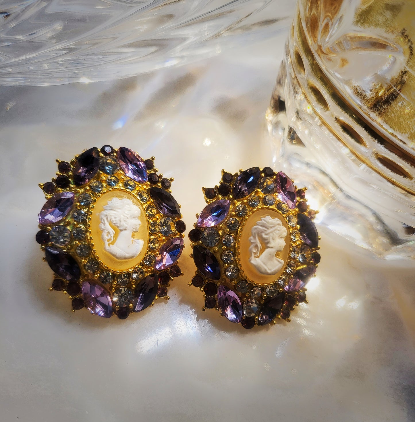 Cameo elegant vintage style purple earrings