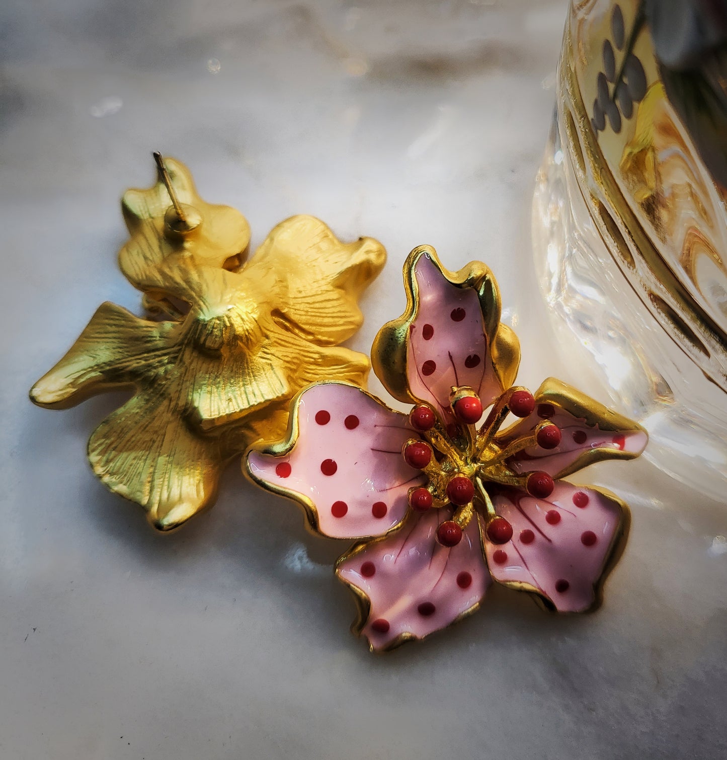 Pink flower plated gold hand painted 3D earrings perfect for summer