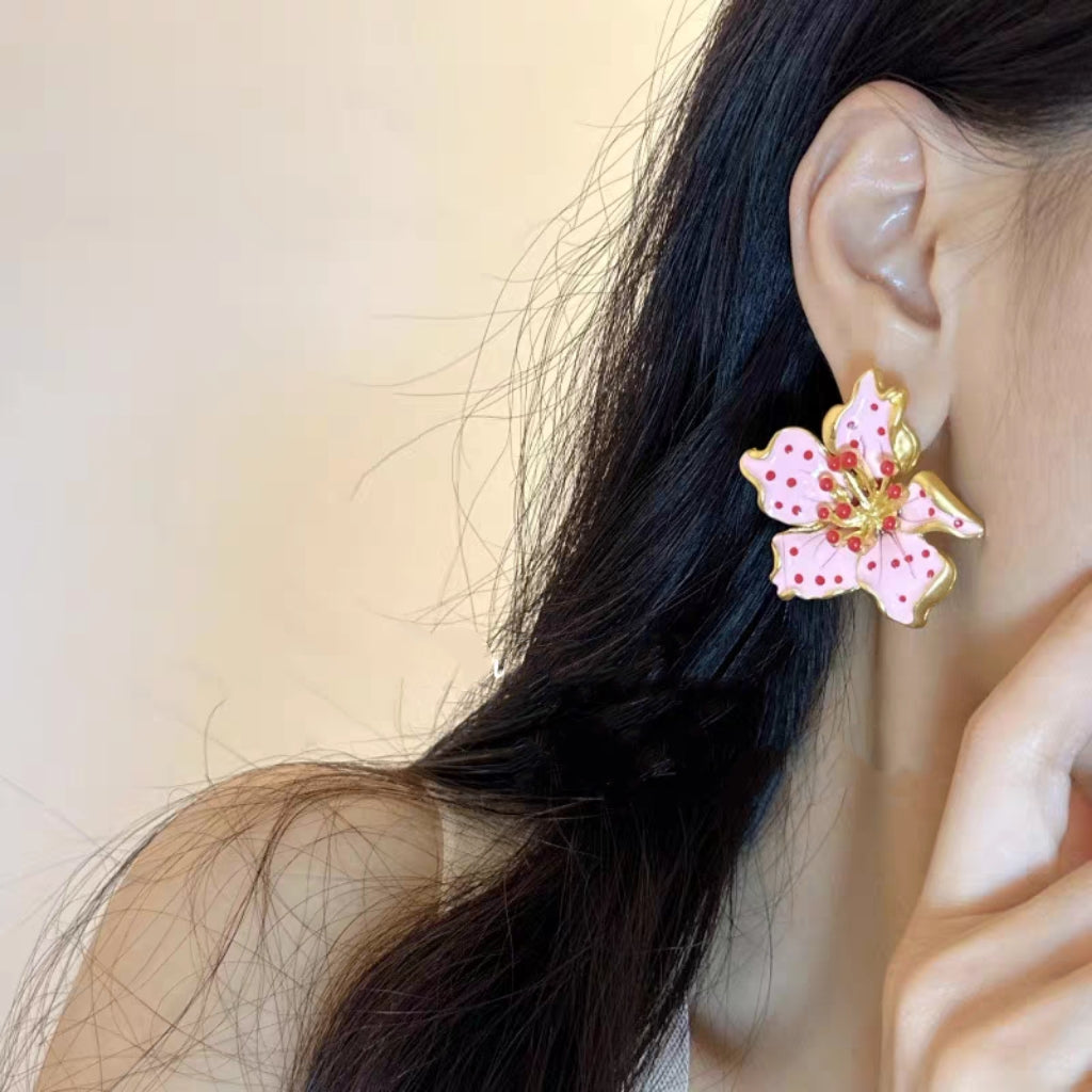 Pink flower plated gold hand painted 3D earrings perfect for summer