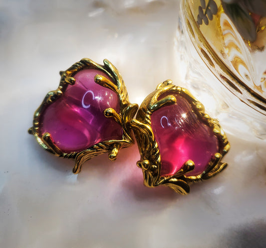 Pink heart vintage style colored glaze clip earrings