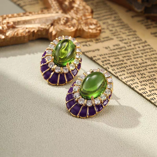 Purple enamel green colored glaze elegant vintage style earrings