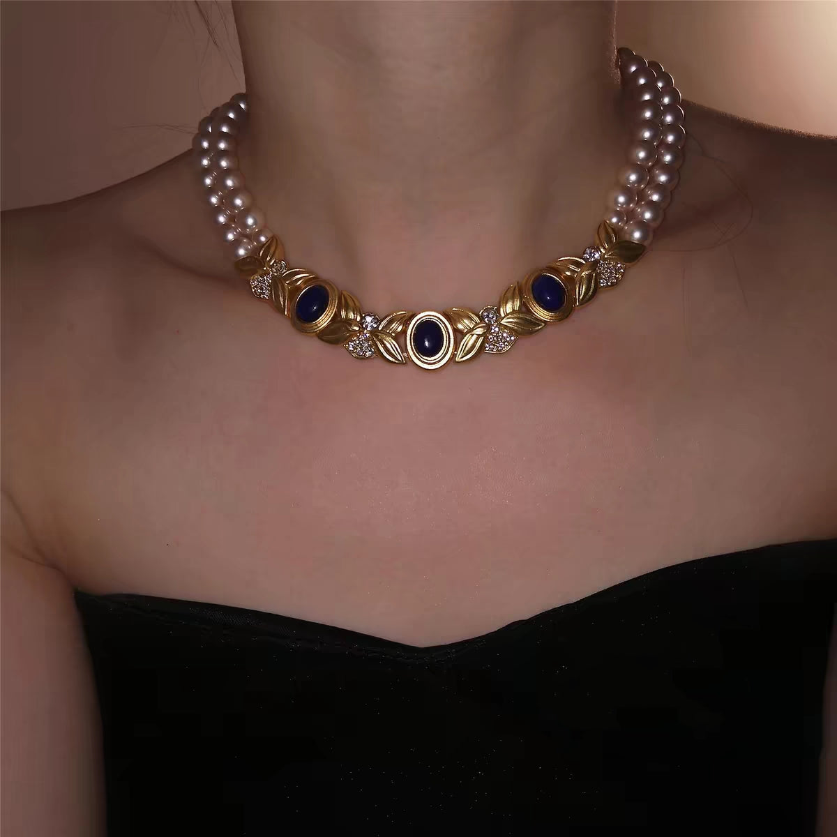 Lapis lazuli simulate pearl double layer necklace