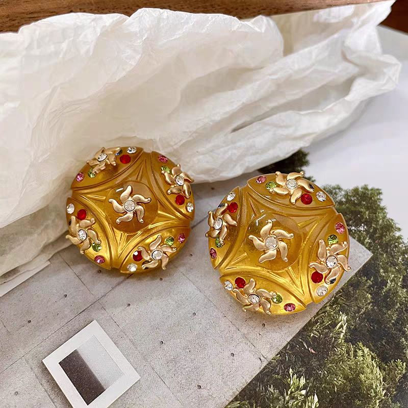 Crystal clear very rare yellow round earring clip with colored rhinestones