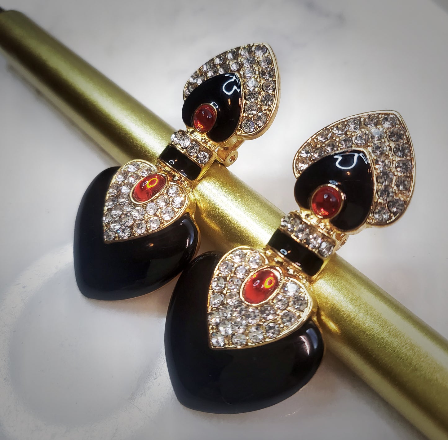 Black enamel with red colored glaze ethnic style clip earrings