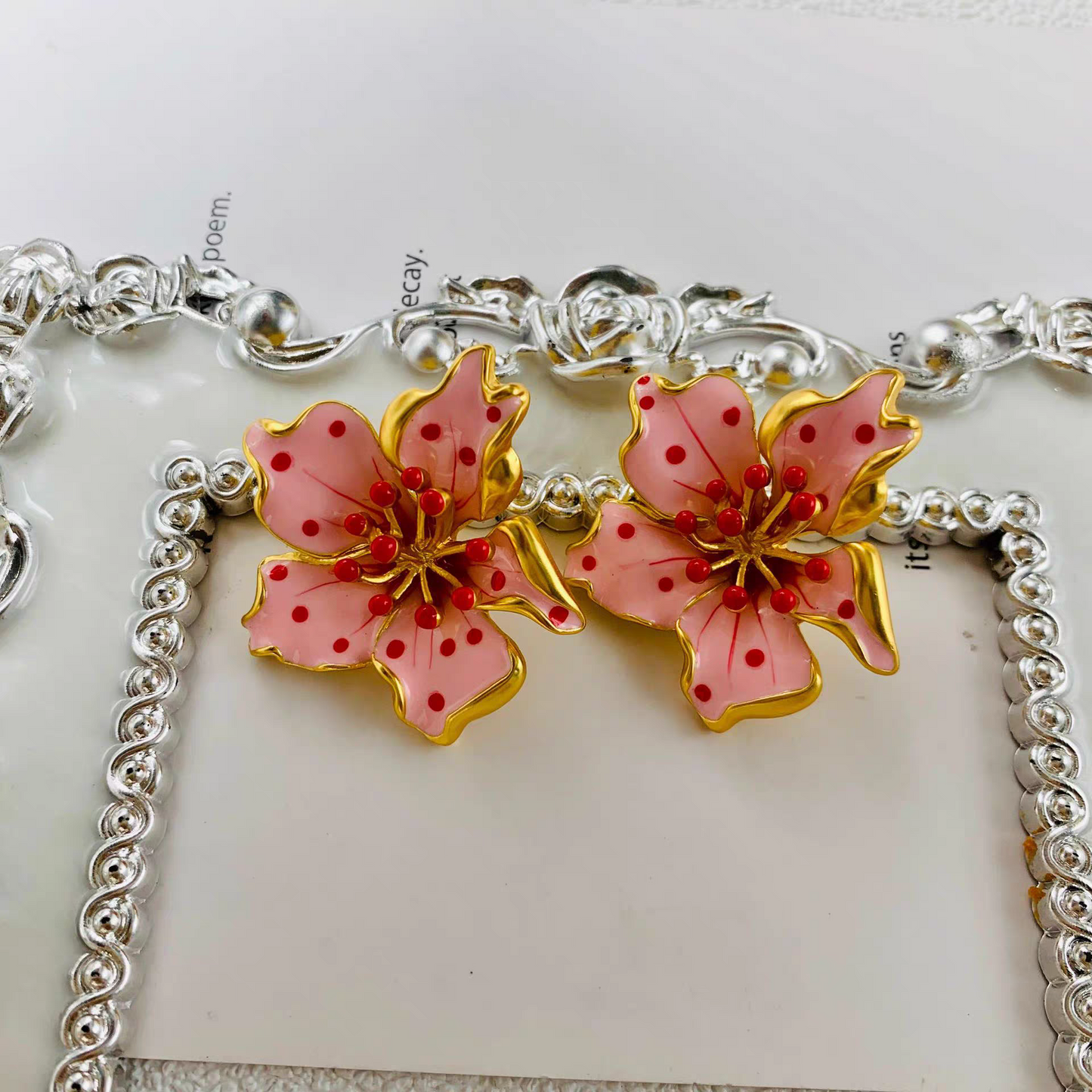 Pink flower plated gold hand painted 3D earrings perfect for summer