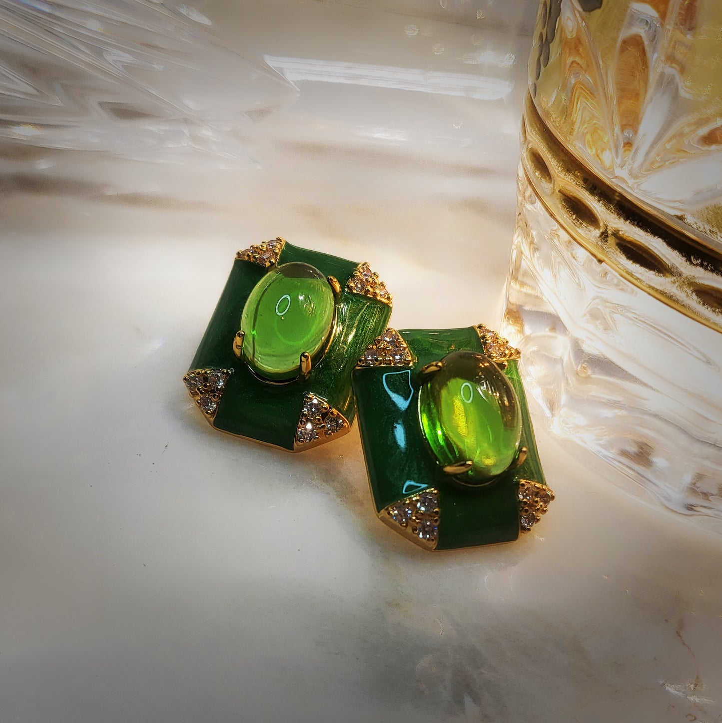 Crystal clear green cat eyes square elegant earrings gifts for mom