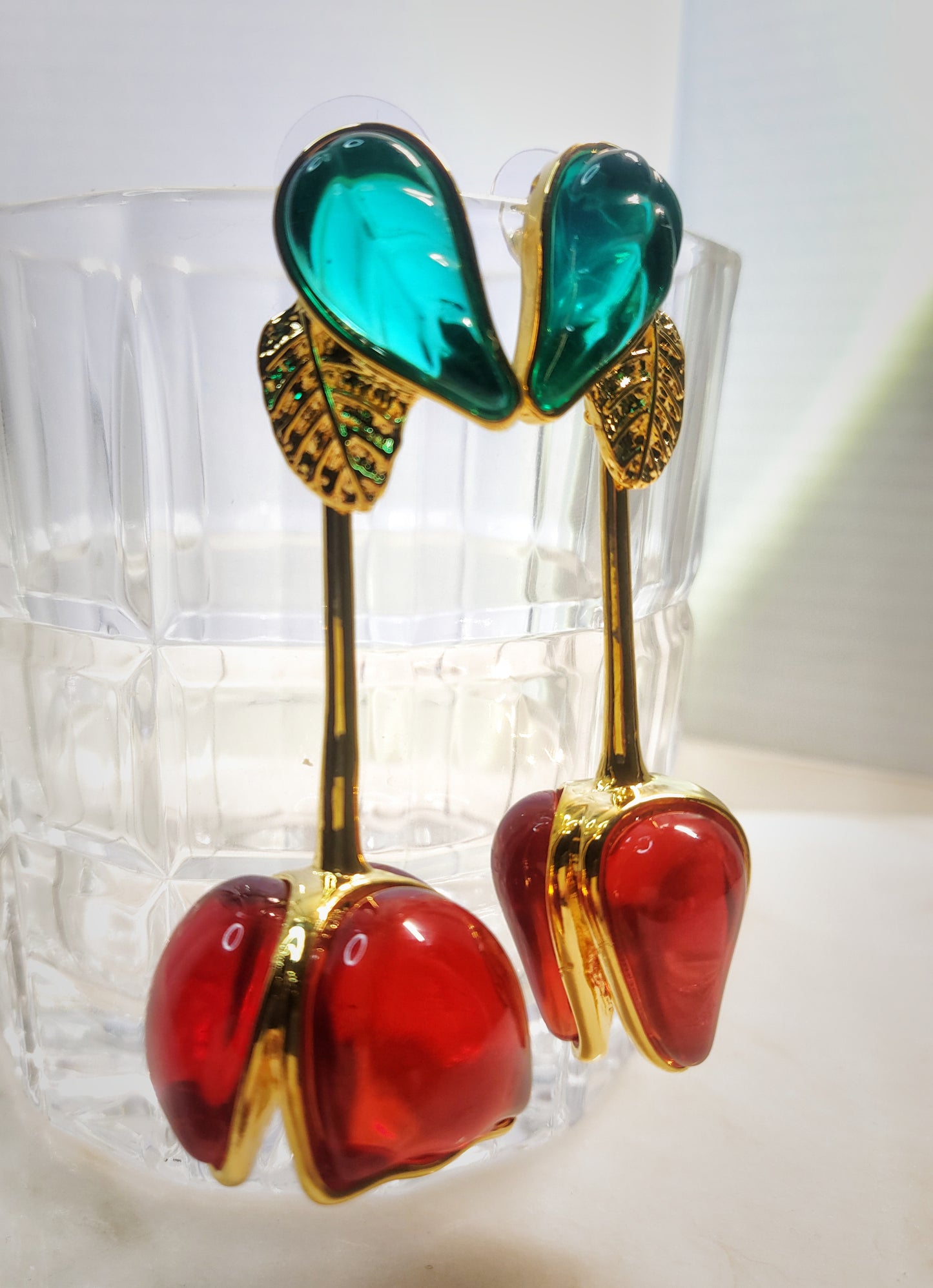 Asymmetry tulip red and green long earrings