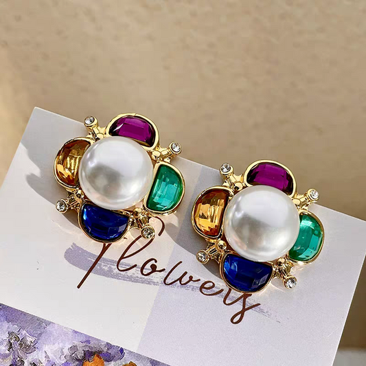 Colorful gem with pearl royal style earrings