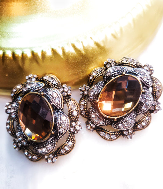 Elegant flower shape classic vintage style shining brown stone earrings
