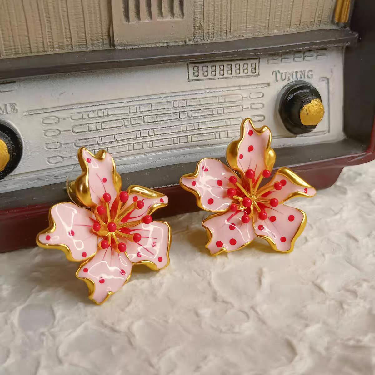 Pink flower plated gold hand painted 3D earrings perfect for summer