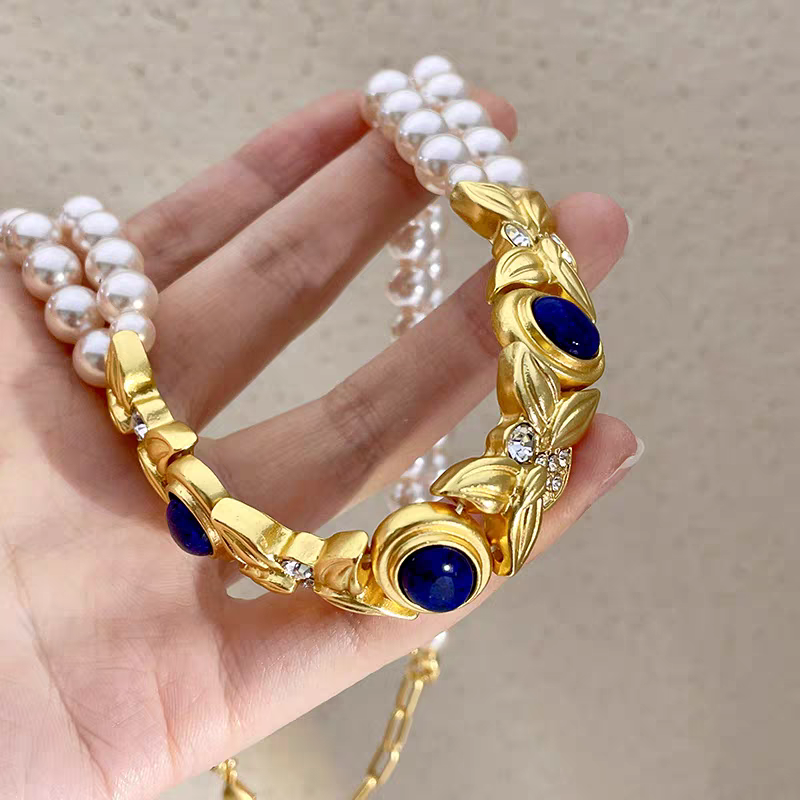 Lapis lazuli simulate pearl double layer necklace