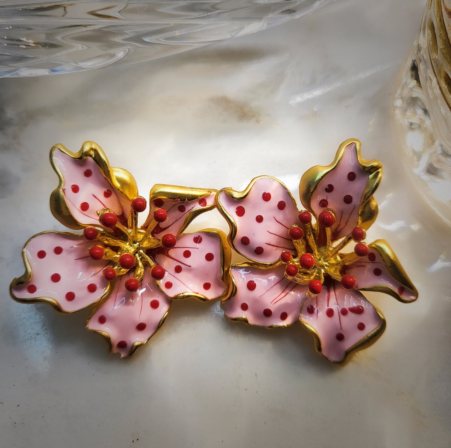 Pink flower plated gold hand painted 3D earrings perfect for summer