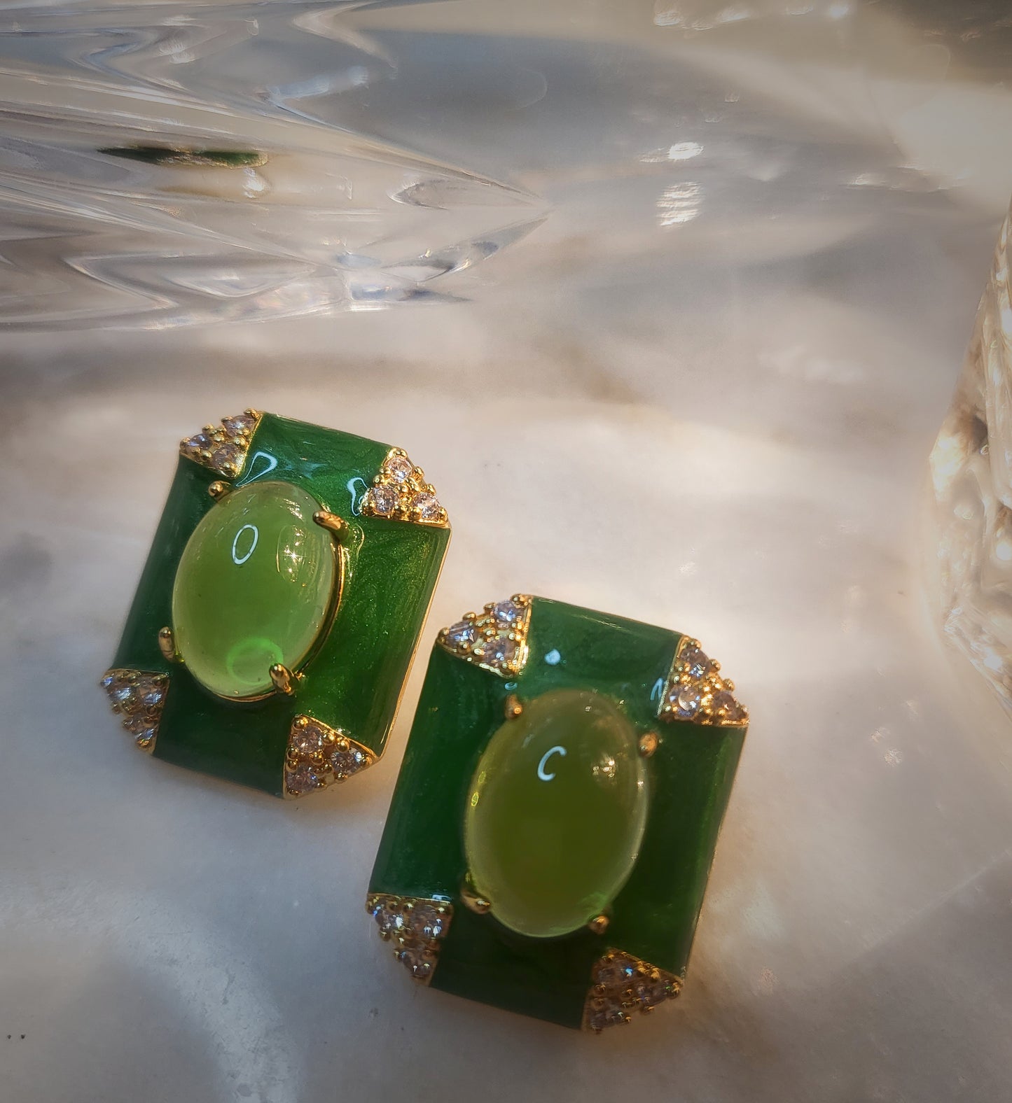 Crystal clear green cat eyes square elegant earrings gifts for mom