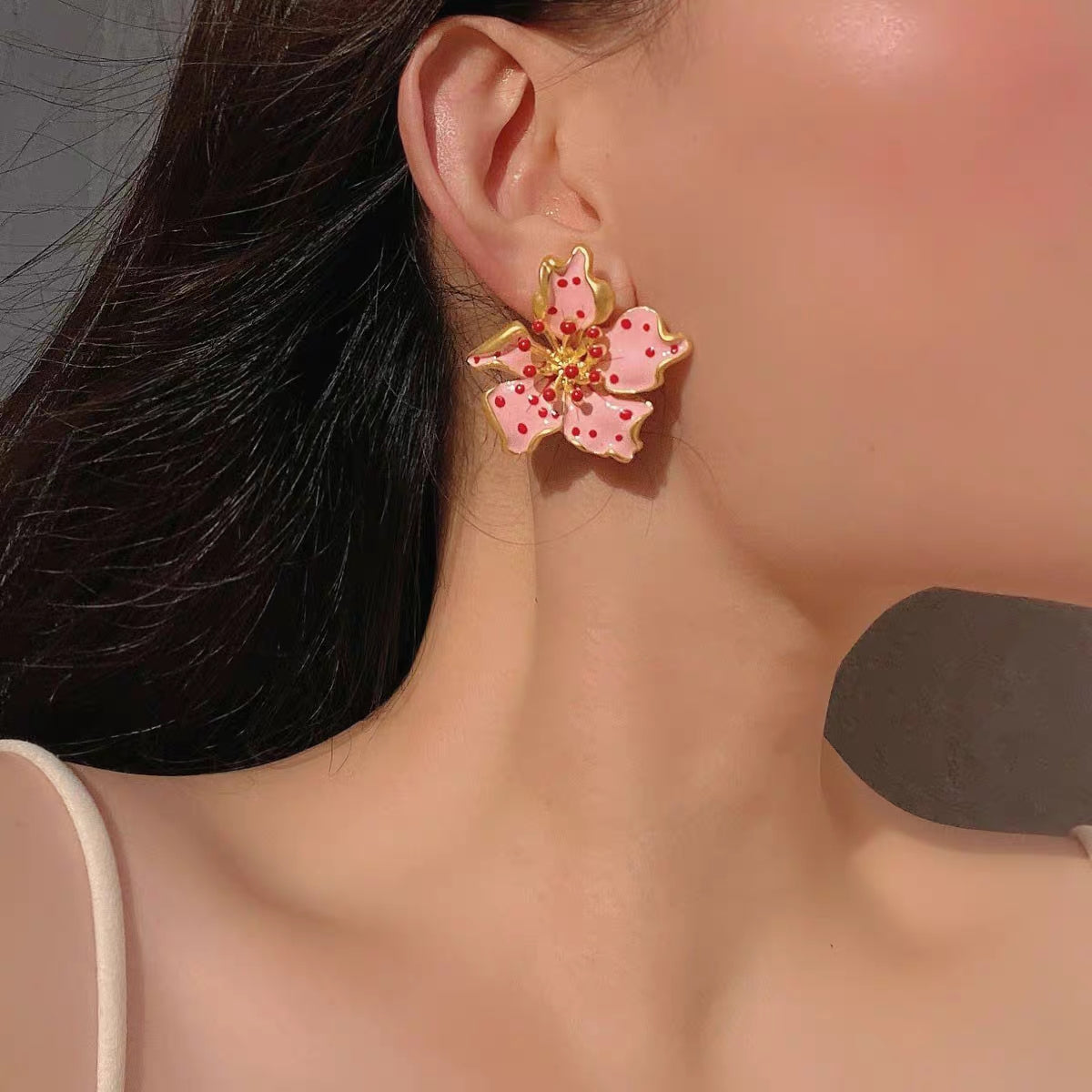 Pink flower plated gold hand painted 3D earrings perfect for summer