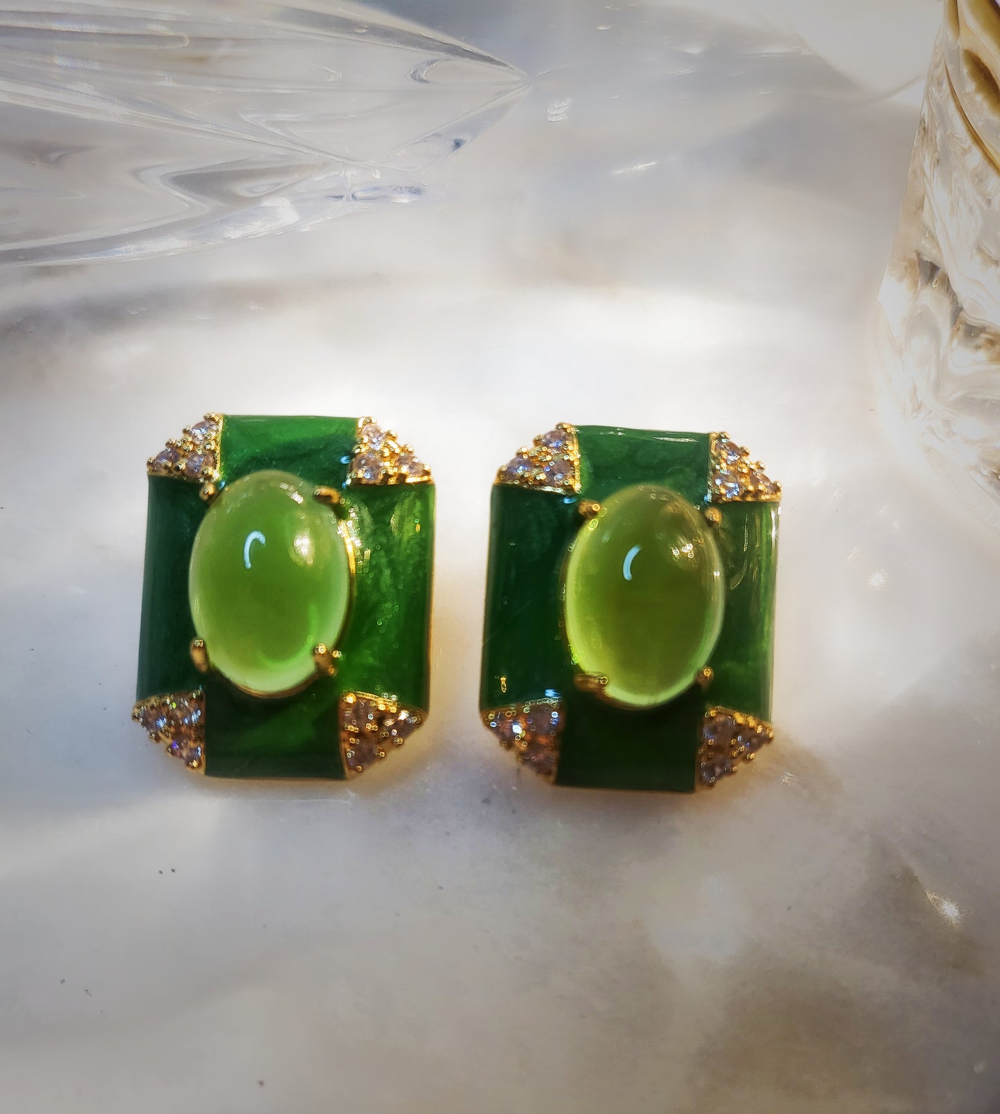 Crystal clear green cat eyes square elegant earrings gifts for mom