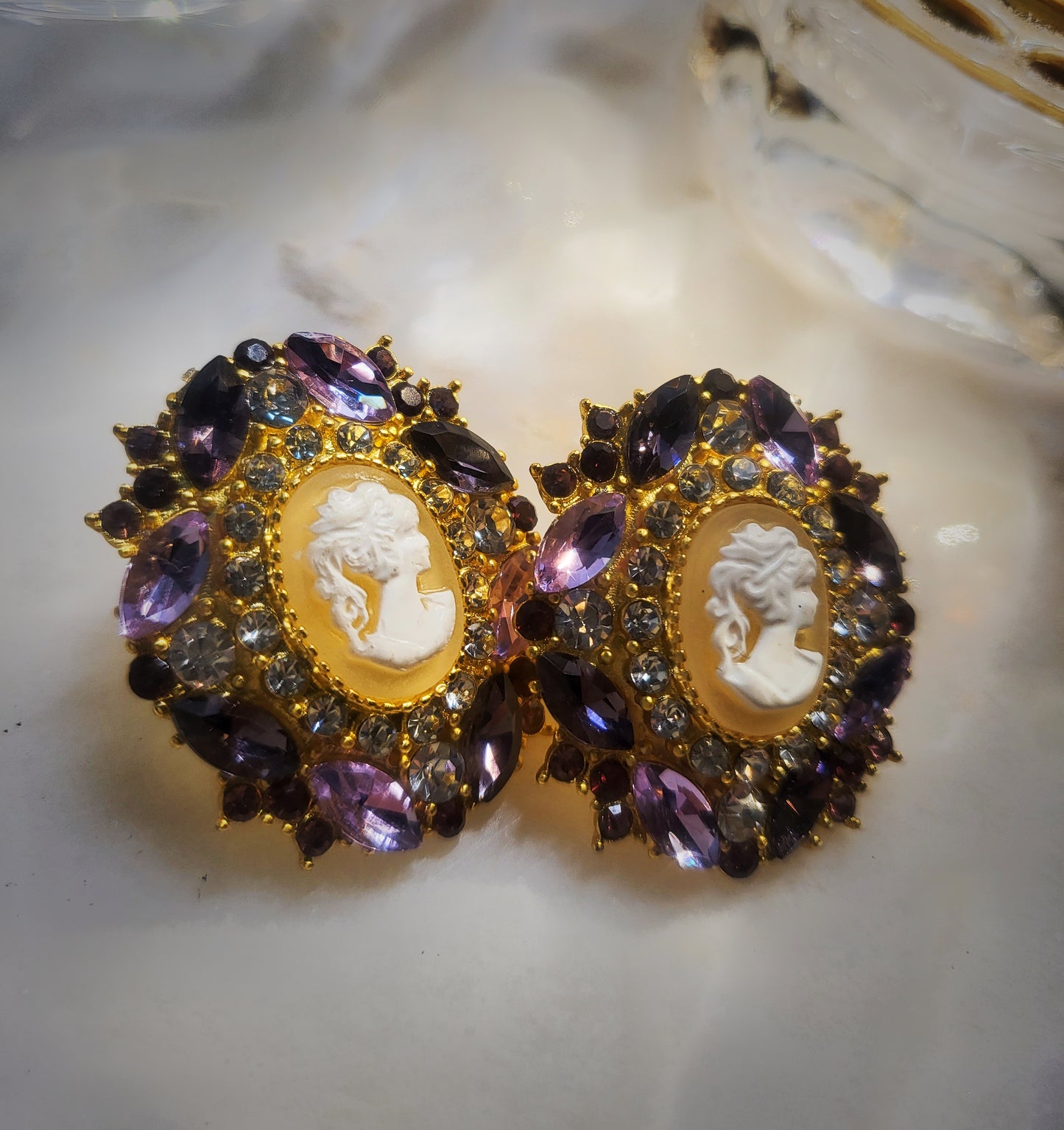 Cameo elegant vintage style purple earrings