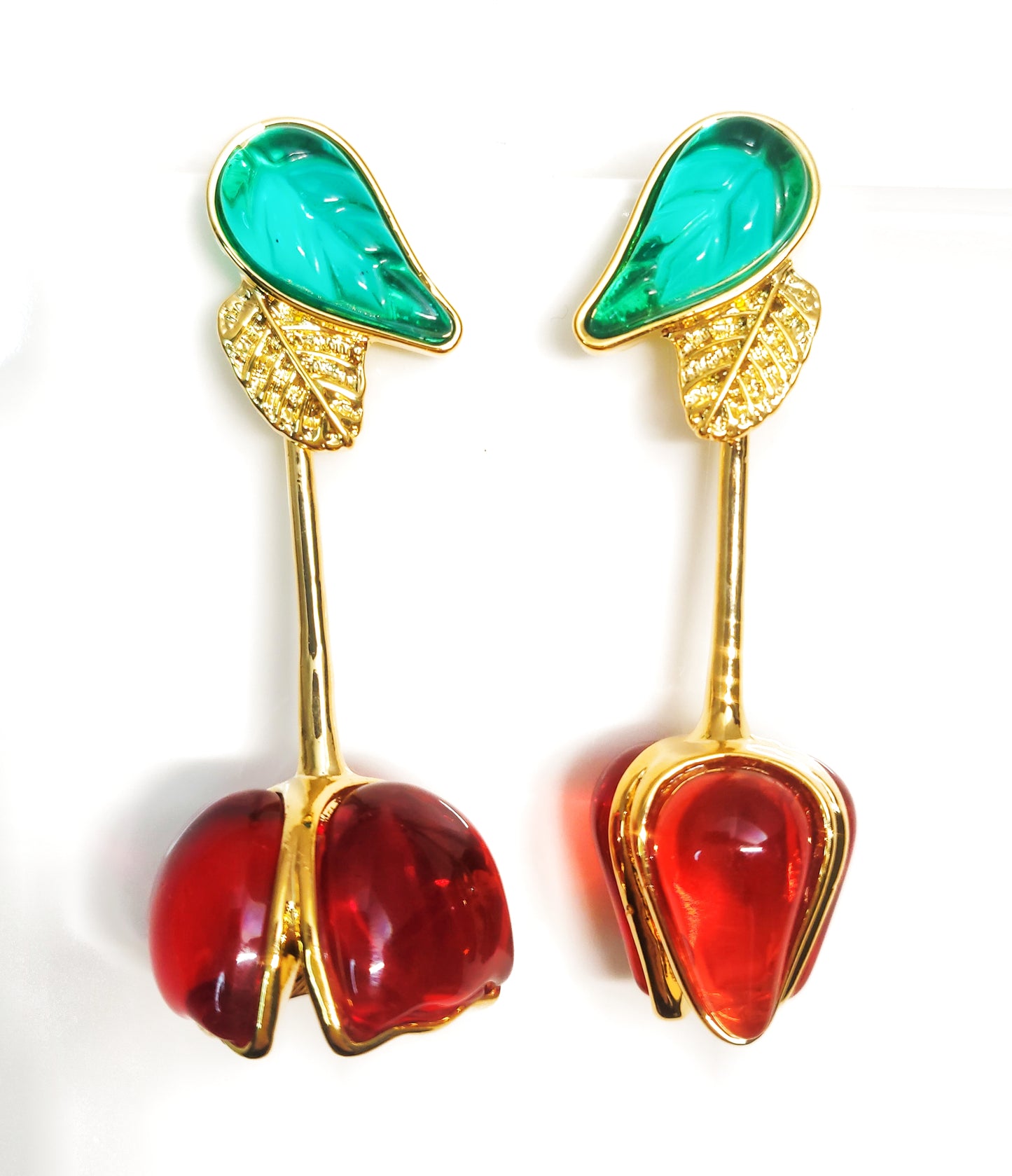 Asymmetry tulip red and green long earrings