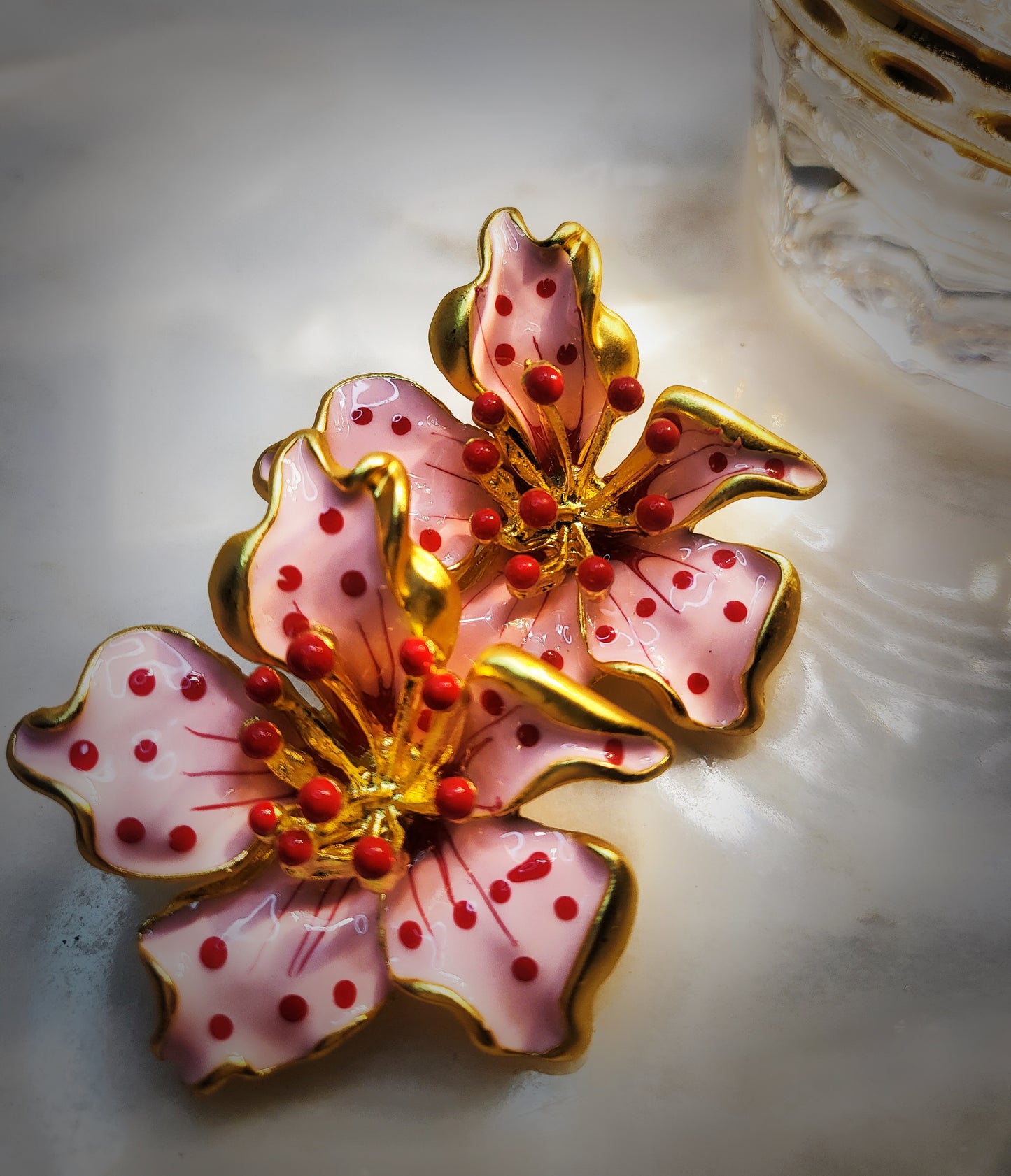 Pink flower plated gold hand painted 3D earrings perfect for summer