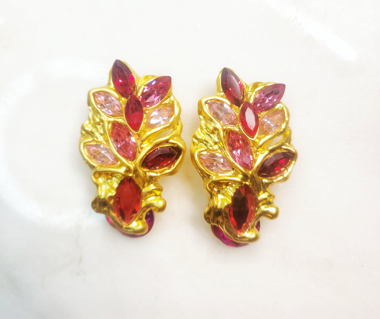 Red pink stone perfect match in gold vintage style earrings