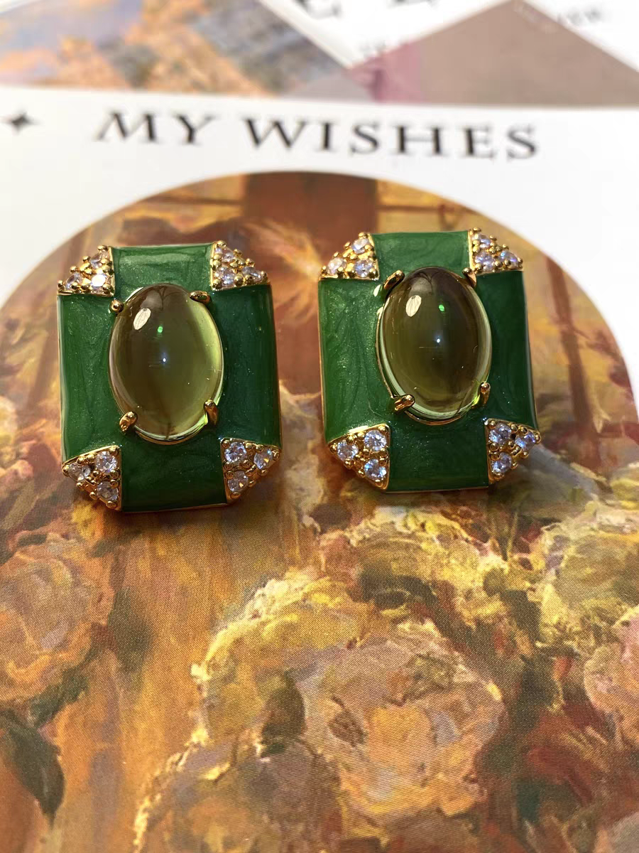 Crystal clear green cat eyes square elegant earrings gifts for mom