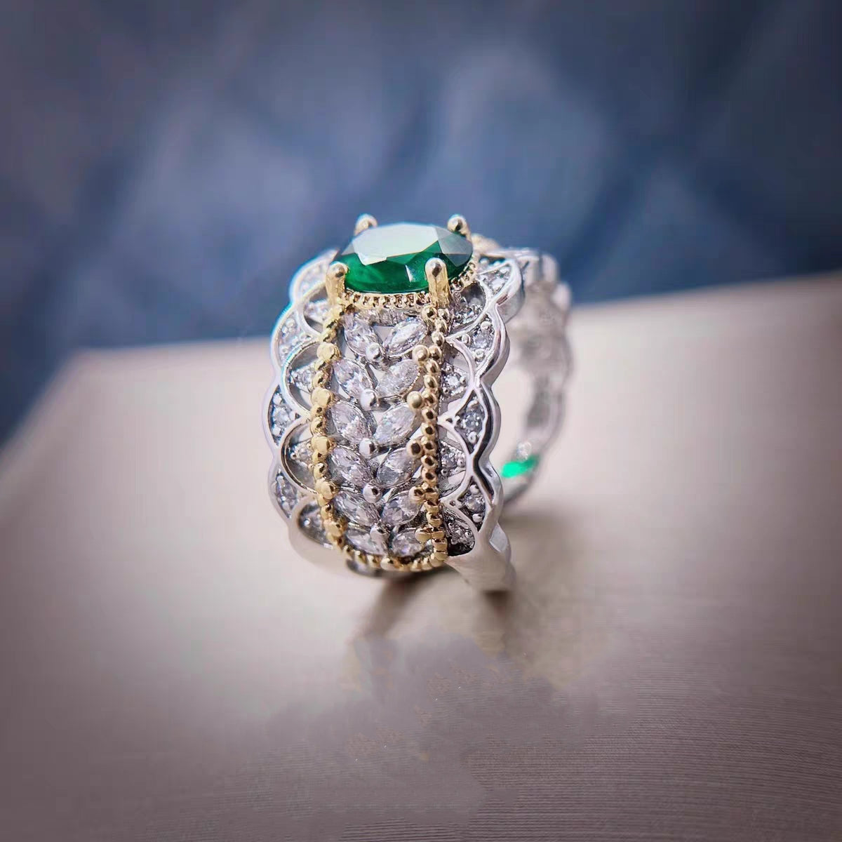 Buccellati style emerald colored lace looking full rhinestones in brass setting ring