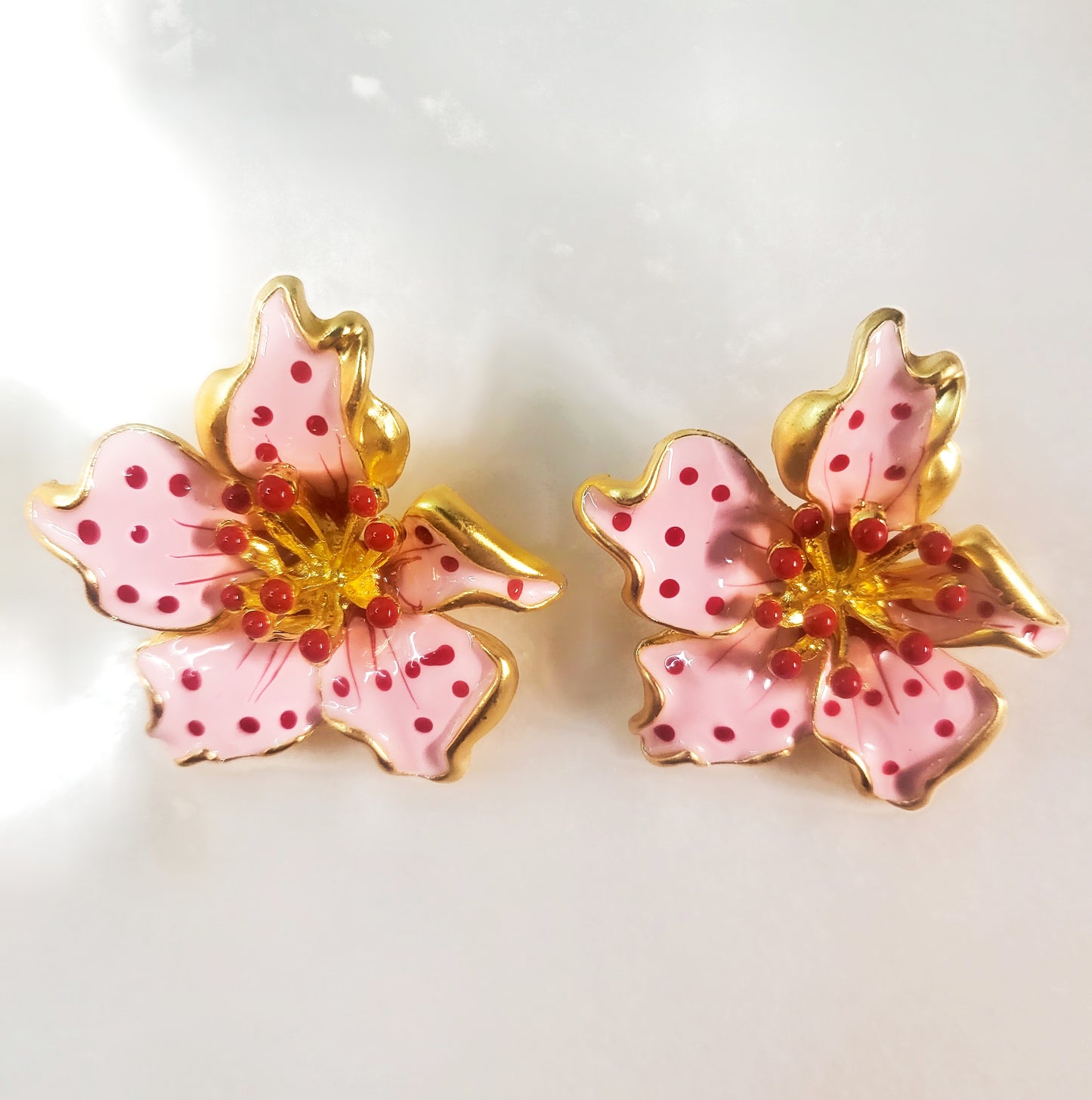 Pink flower plated gold hand painted 3D earrings perfect for summer