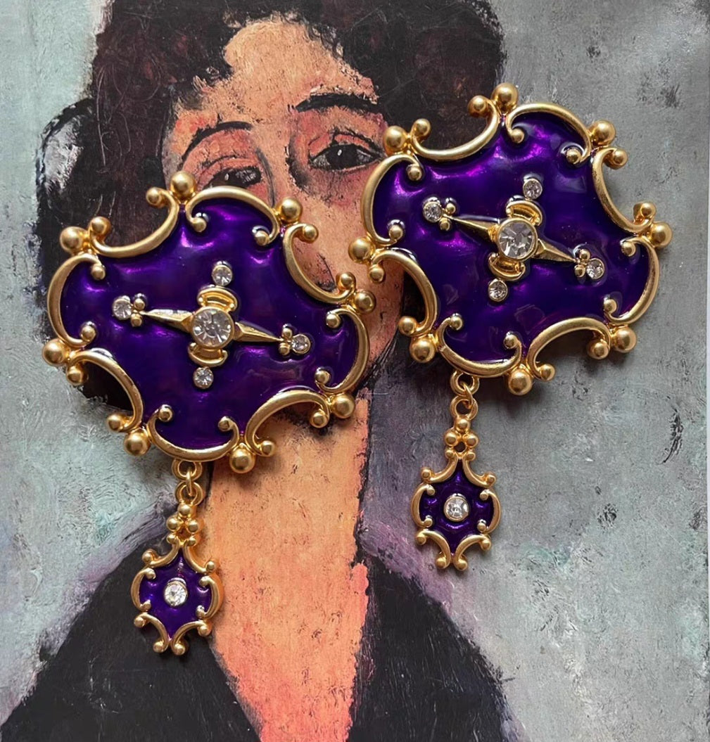 Rare purper enamel vintage style clip earrings